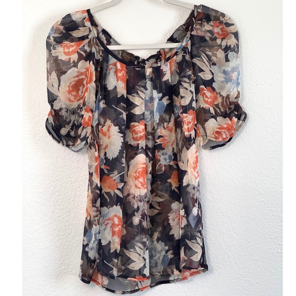 Joie 100% Silk Floral Sheer Blouse Puff Sleeve Small